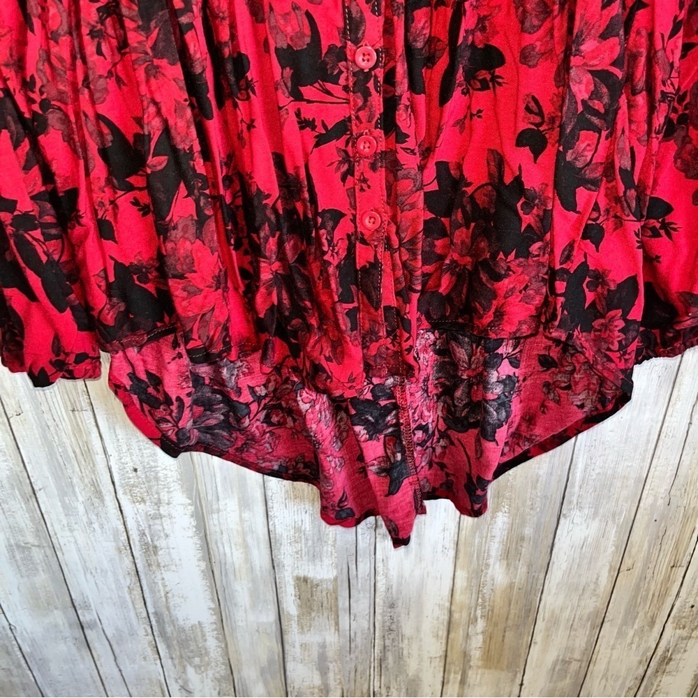 Torrid Smocked Babydoll Tunic 2X Red Black Floral Button Front High Low Top - Picture 6 of 8